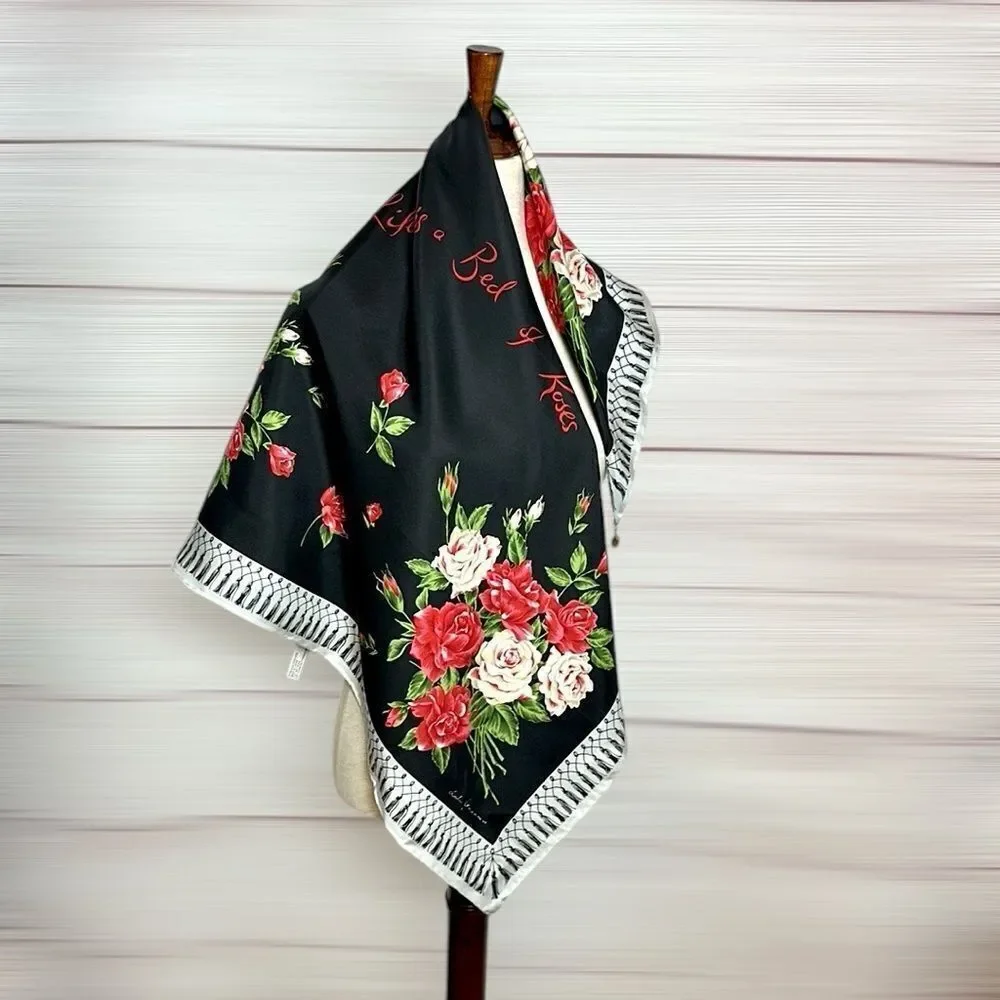 Lulu Guinness Silk Scarf “Life is a Bed of Roses” Black Floral Print Hand Rolled
